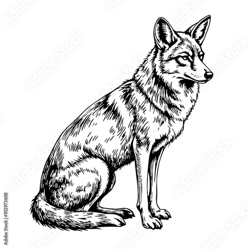 Coyote illustrated in black and white engraving style