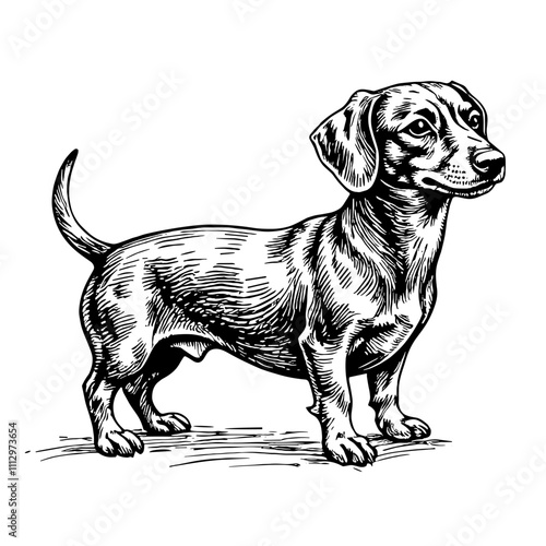 Dachshund dog illustrated in black and white engraving style