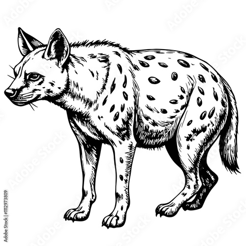 Spotted hyena in black and white illustration