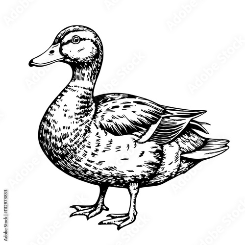 Duck illustration in black and white woodcut style