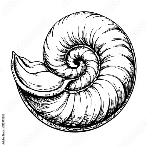 Nautilus shell spiral in black and white line art
