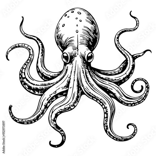 Octopus illustration in black and white sketch style