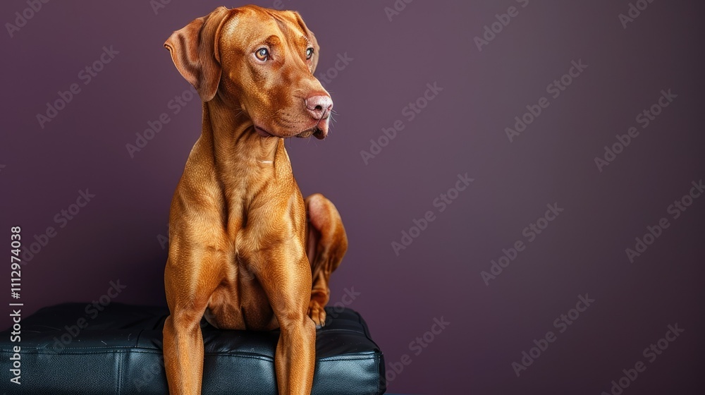 A reddish-brown Vizsla dog sits on a black cushion against a deep purple background, looking thoughtfully to the side. A reddish-brown Vizsla dog sits on a black cushion against a deep purple background, looking thoughtfully to the side.