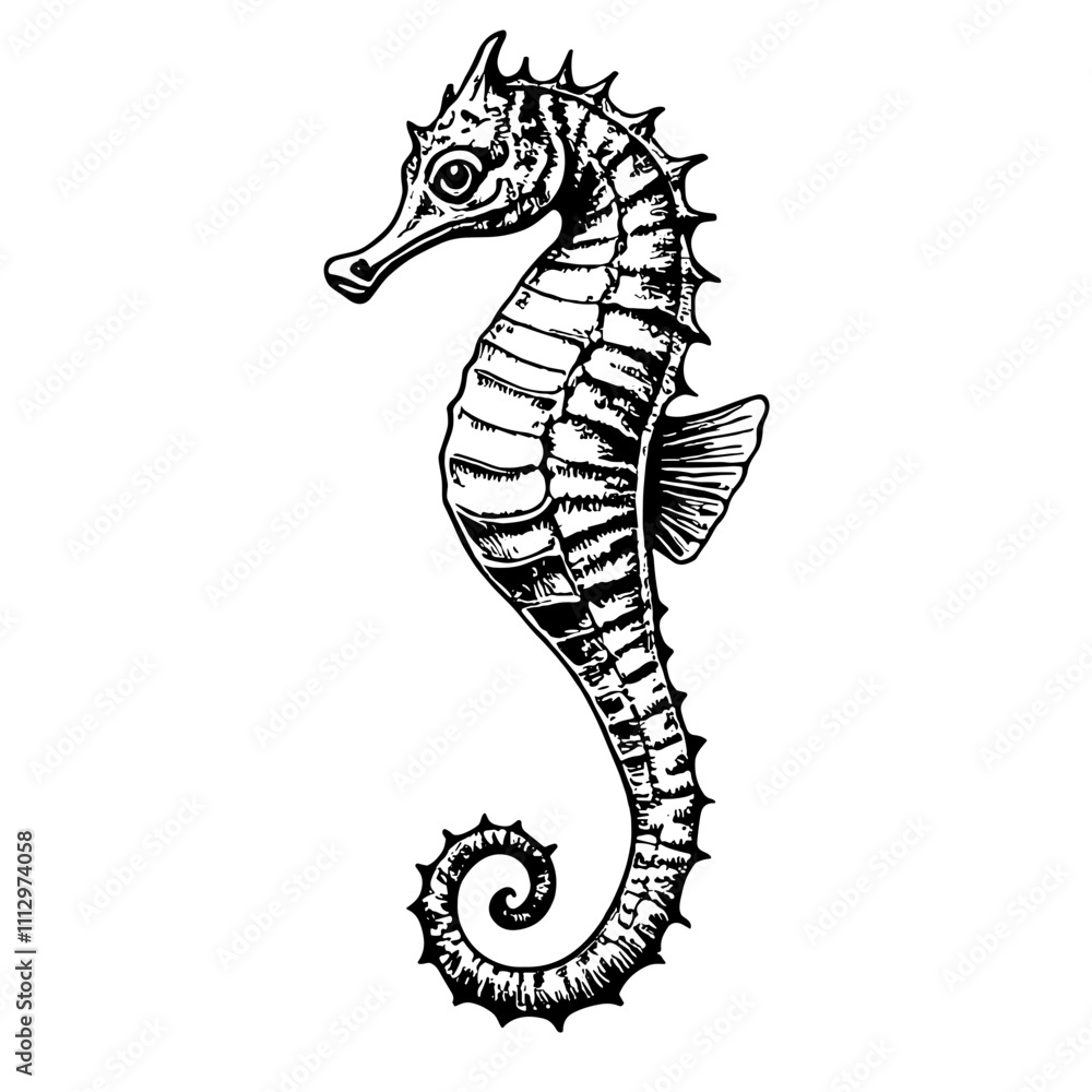 Fototapeta premium Black and white seahorse illustration in detailed sketch style