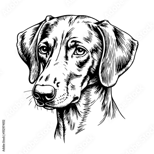 Detailed black and white illustration of alert dog face