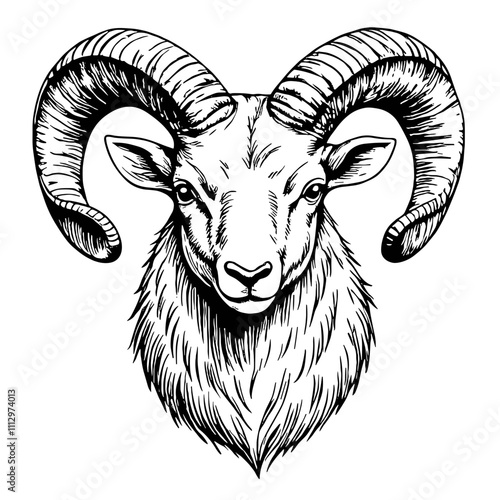 Ram head with curled horns in black and white illustration