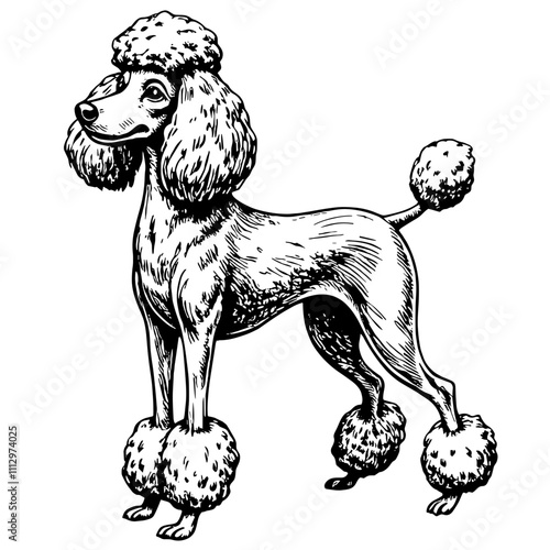 Poodle standing in black and white illustration