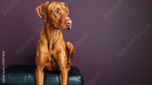 Wallpaper Mural A reddish-brown Vizsla dog sits on a black cushion against a deep purple background, looking thoughtfully to the side. Torontodigital.ca