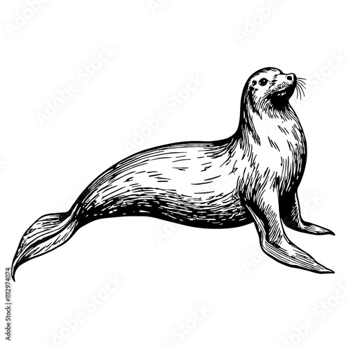 Seal illustration in black and white ink drawing style