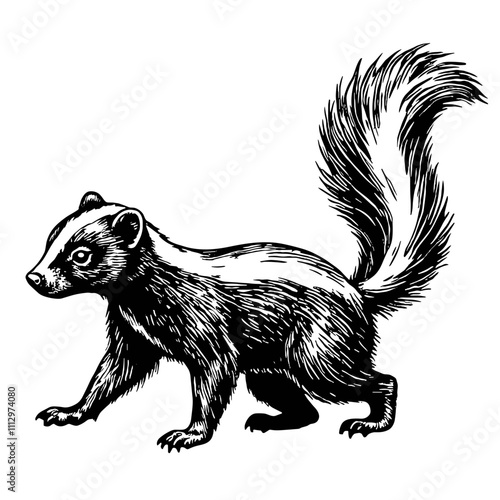 Black and white skunk illustration in woodcut style