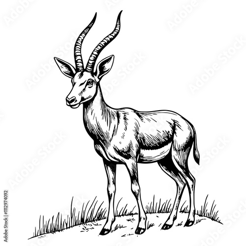 Antelope standing in grass black and white illustration