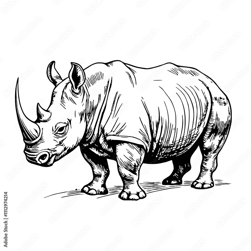 Rhinoceros sketch in black and white line art style Rhinoceros sketch in black and white line art style