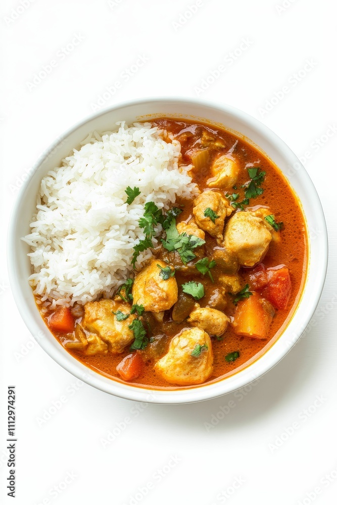 Savory stew, chicken, rice, vegetables, in bowl. Savory stew, chicken, rice, vegetables, in bowl.