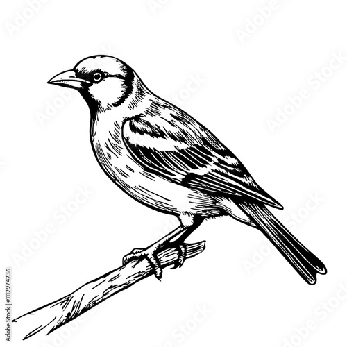 Sparrow perched on branch in black and white illustration