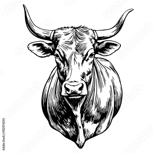 Bull head portrait in black and white sketch style