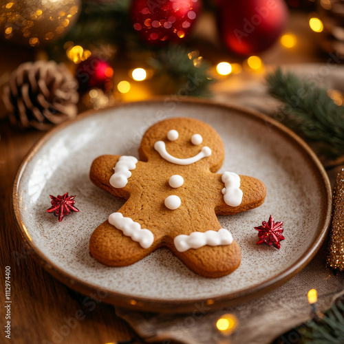 Merry Christmas! Hand holding gingerbread man cookie with icing on background of cookies in plate on table against christmas tree golden lights. Atmospheric Christmas holidays, family time photo