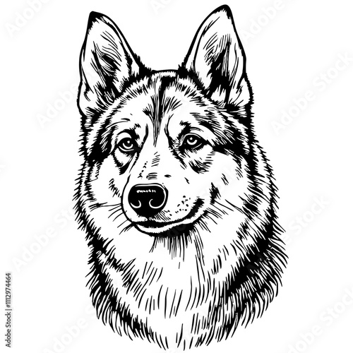 Husky dog portrait in black and white line art style