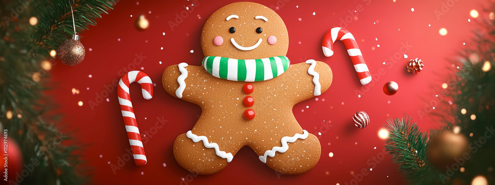 Naklejka premium Charming gingerbread man brings festive cheer with candy canes and a cozy scarf in a delightful holiday scene