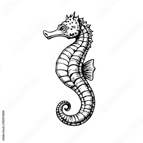 Black and white seahorse illustration in detailed line art style