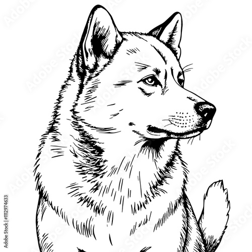 Alert husky dog portrait in black and white sketch style