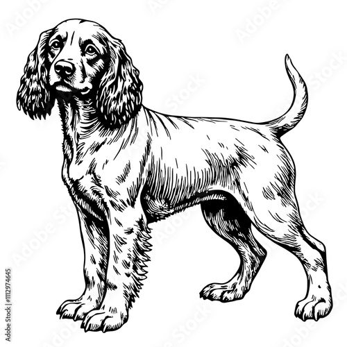 Spaniel dog standing in black and white sketch style