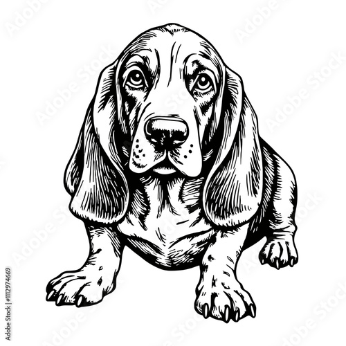 Basset hound portrait in black and white line art style