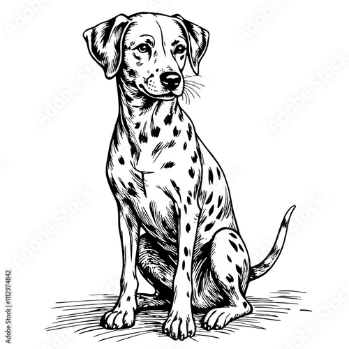 Dalmatian dog sitting in black and white sketch style