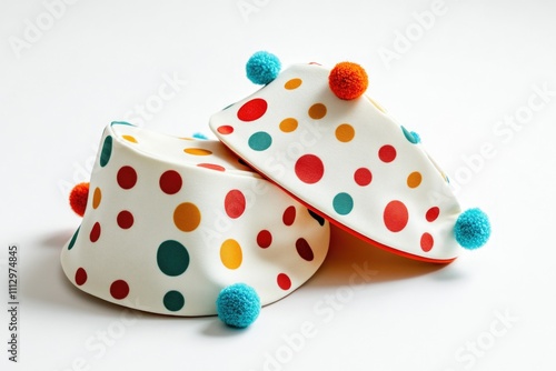 A pair of colorful hats adorned with fluffy pom poms, great for festivals or theme parties photo