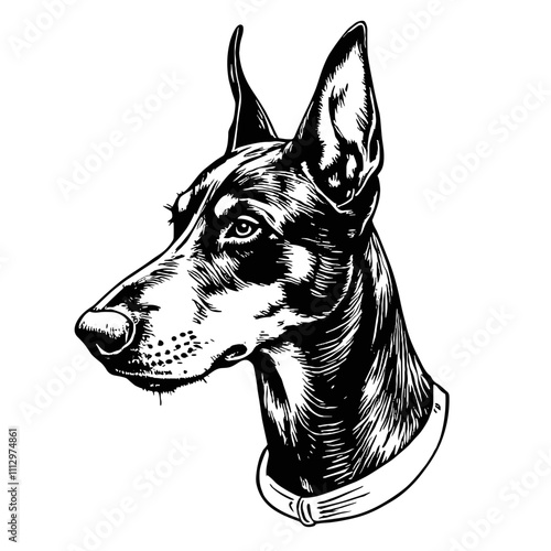 Doberman dog portrait in black and white illustration style