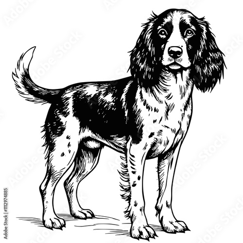Spaniel dog illustration in black and white sketch style