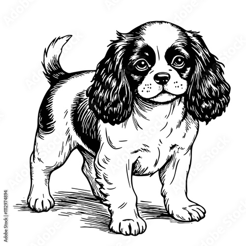 Cavalier King Charles Spaniel dog in black and white illustration