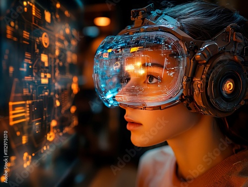 A person wearing futuristic headgear, focusing on a complex digital interface in a moodily lit setting, possibly using advanced technology or virtual reality photo