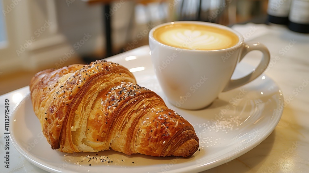 Buttery croissant with boysenberry preserves and a latte Buttery croissant with boysenberry preserves and a latte