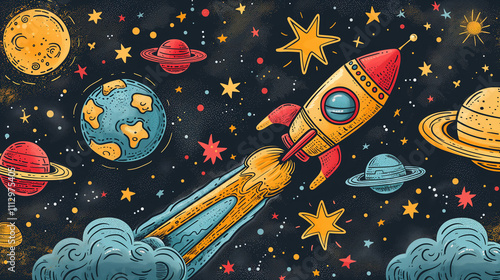 Spaceship Solar System Illustration. Rocket flying through space with planets and stars.