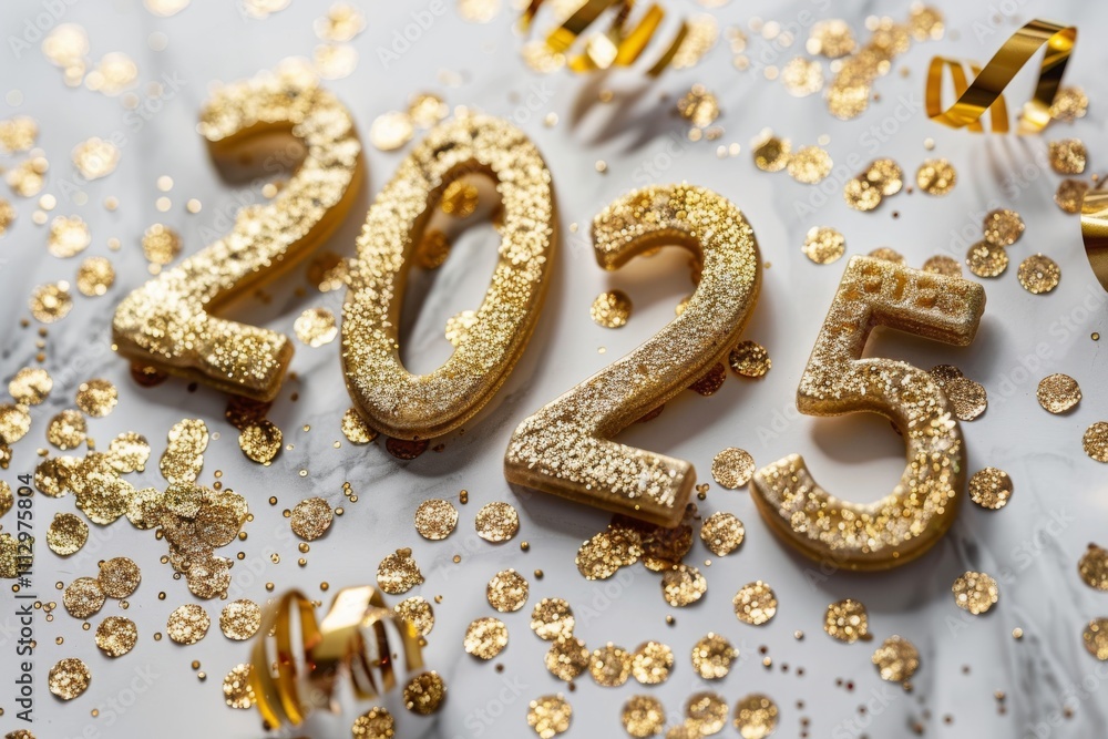 Welcome 2025 with sparkling gold numbers and festive decorations! Generative AI Welcome 2025 with sparkling gold numbers and festive decorations! Generative AI