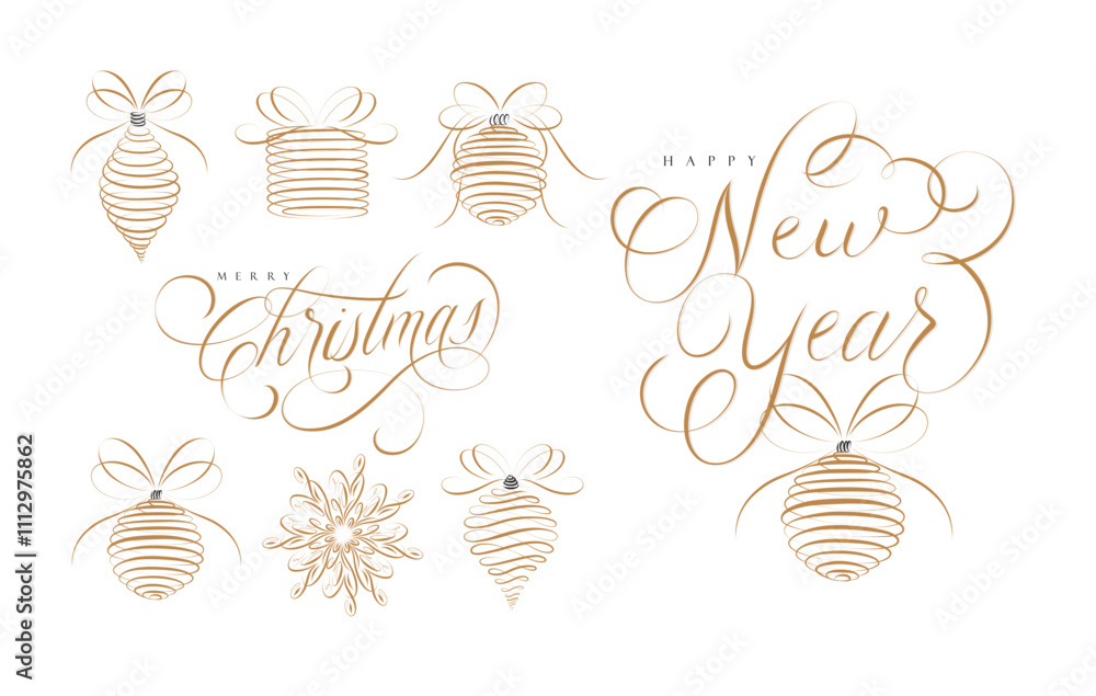 Christmas tree toys icons collection set with lettering new year drawing in linear swirl style on beige background