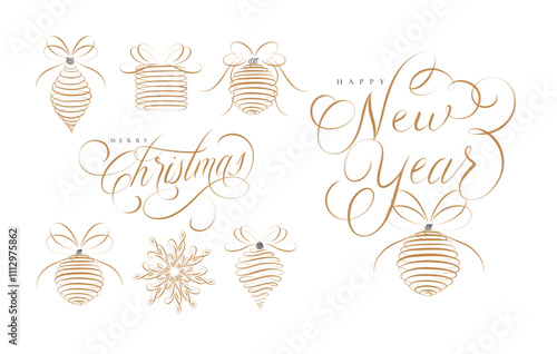 Obraz na płótnie Christmas tree toys icons collection set with lettering new year drawing in linear swirl style on beige background w salonie