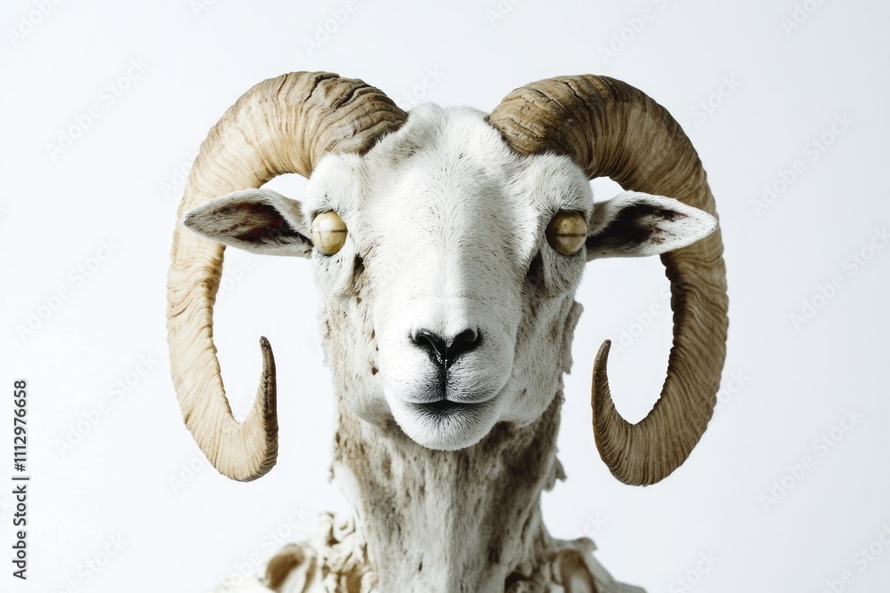 A close-up shot of a ram's head on a white background