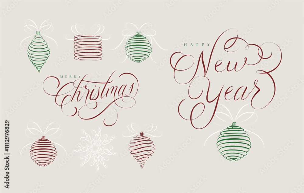 Christmas tree toys icons collection set with lettering new year drawing in linear swirl style with color on beige background