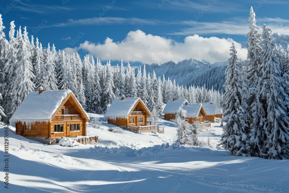 Naklejka premium Scenic view a winter destination, featuring cozy cabins and snow-covered landscapes ideal for travelers