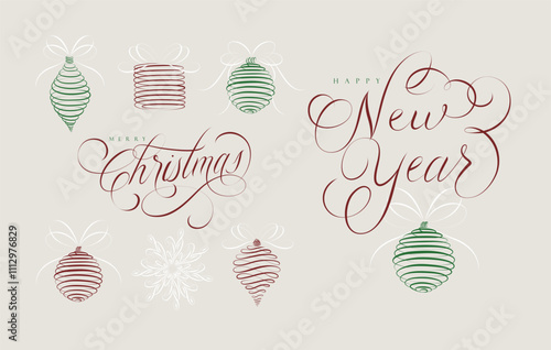 Obraz na płótnie Christmas tree toys icons collection set with lettering new year drawing in linear swirl style with color on beige background w salonie