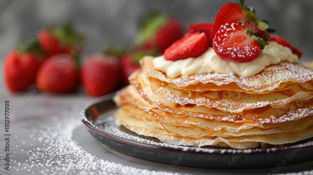 Artful crepes brimming with whipped ricotta, served with ripe strawberries on a luxurious marble countertop Artful crepes brimming with whipped ricotta, served with ripe strawberries on a luxurious marble countertop