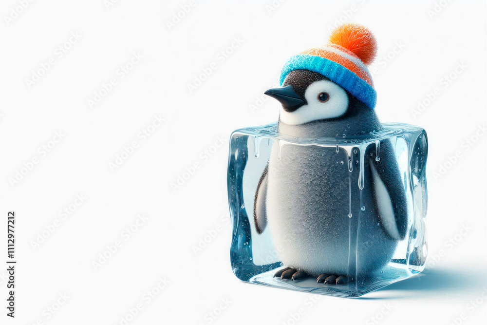 Fototapeta premium Penguin in an ice cube. Space for text.