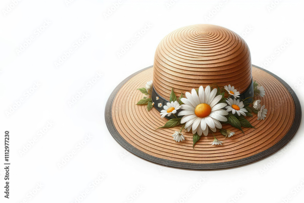 Summer hat with daisies. Space for text. Summer hat with daisies. Space for text.