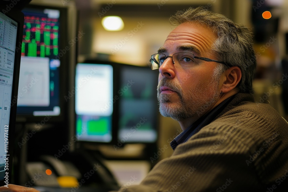 Man with glasses works at illuminated computer screens. Man with glasses works at illuminated computer screens.