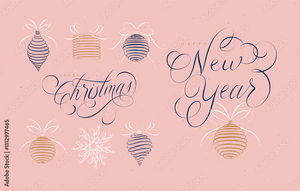 Christmas tree toys icons collection set with lettering new year drawing in linear swirl style on rose background