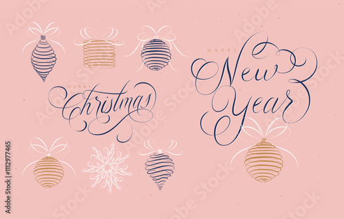 Obraz na płótnie Christmas tree toys icons collection set with lettering new year drawing in linear swirl style on rose background w salonie