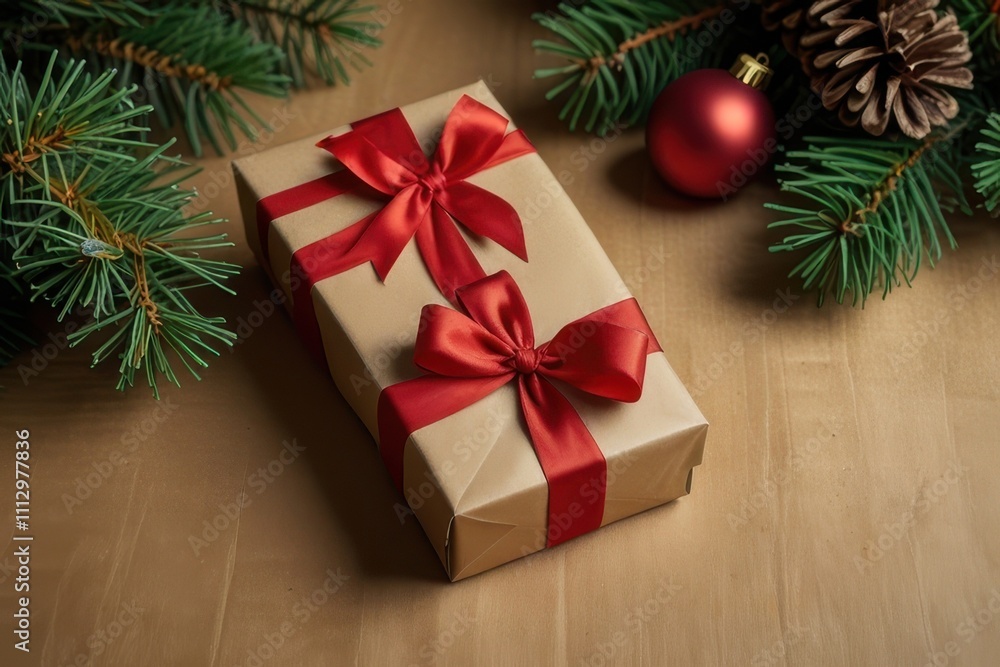 Christmas red gift boxes, fir tree branches and pine cones, Christmas background Christmas red gift boxes, fir tree branches and pine cones, Christmas background