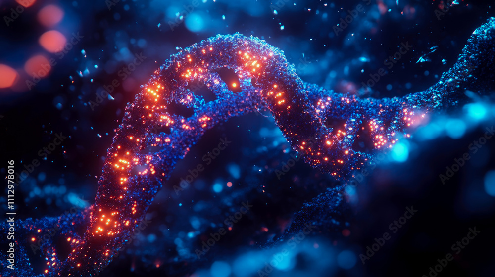 A vividly colored DNA strand glows with particles in a dark environment, emphasizing scientific discovery and the intricacies of genetics A vividly colored DNA strand glows with particles in a dark environment, emphasizing scientific discovery and the intricacies of genetics