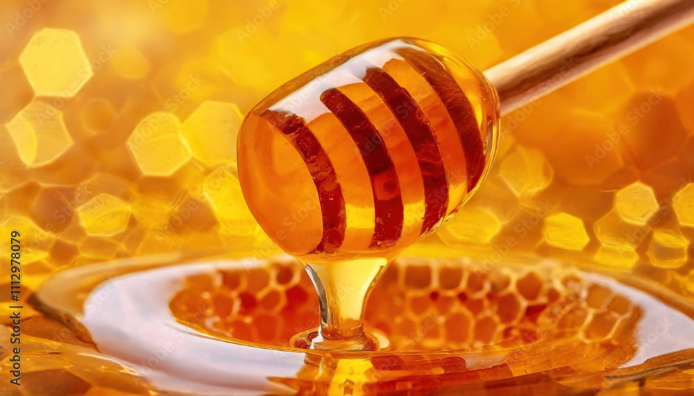 Honey dipper lifting golden syrup from a comb, dripping with sweetness. Viscous liquid amber flows from the wooden utensil Honey dipper lifting golden syrup from a comb, dripping with sweetness. Viscous liquid amber flows from the wooden utensil